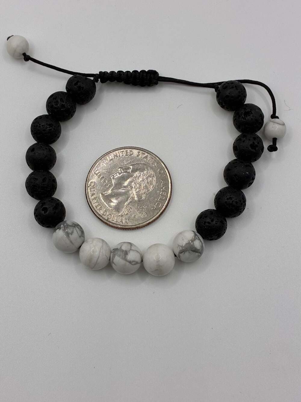 Black Lava Rock and White Howlite Stone Adjustable Beaded Bracelet